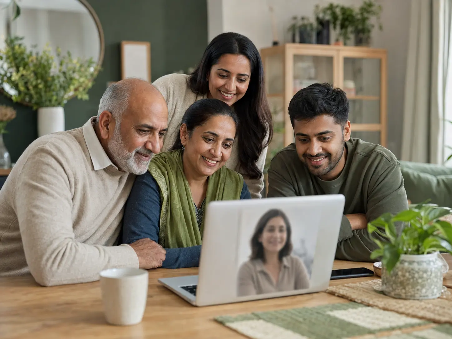 British Pakistani family receiving reassuring remote application guidance at home